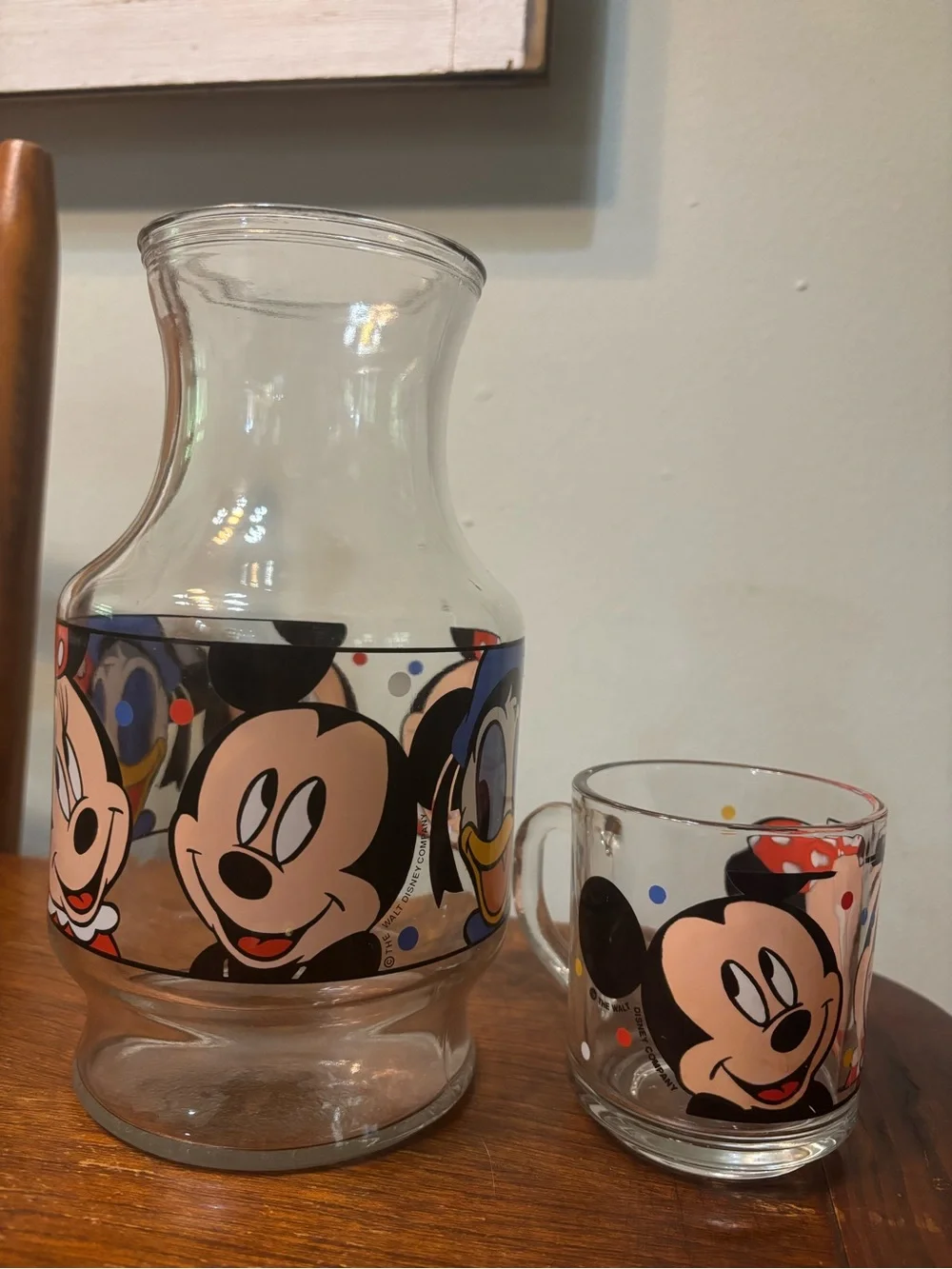 1980’s Minnie & Mickey Glass Carafe and Mug Set - Clear Glass with Red Accent